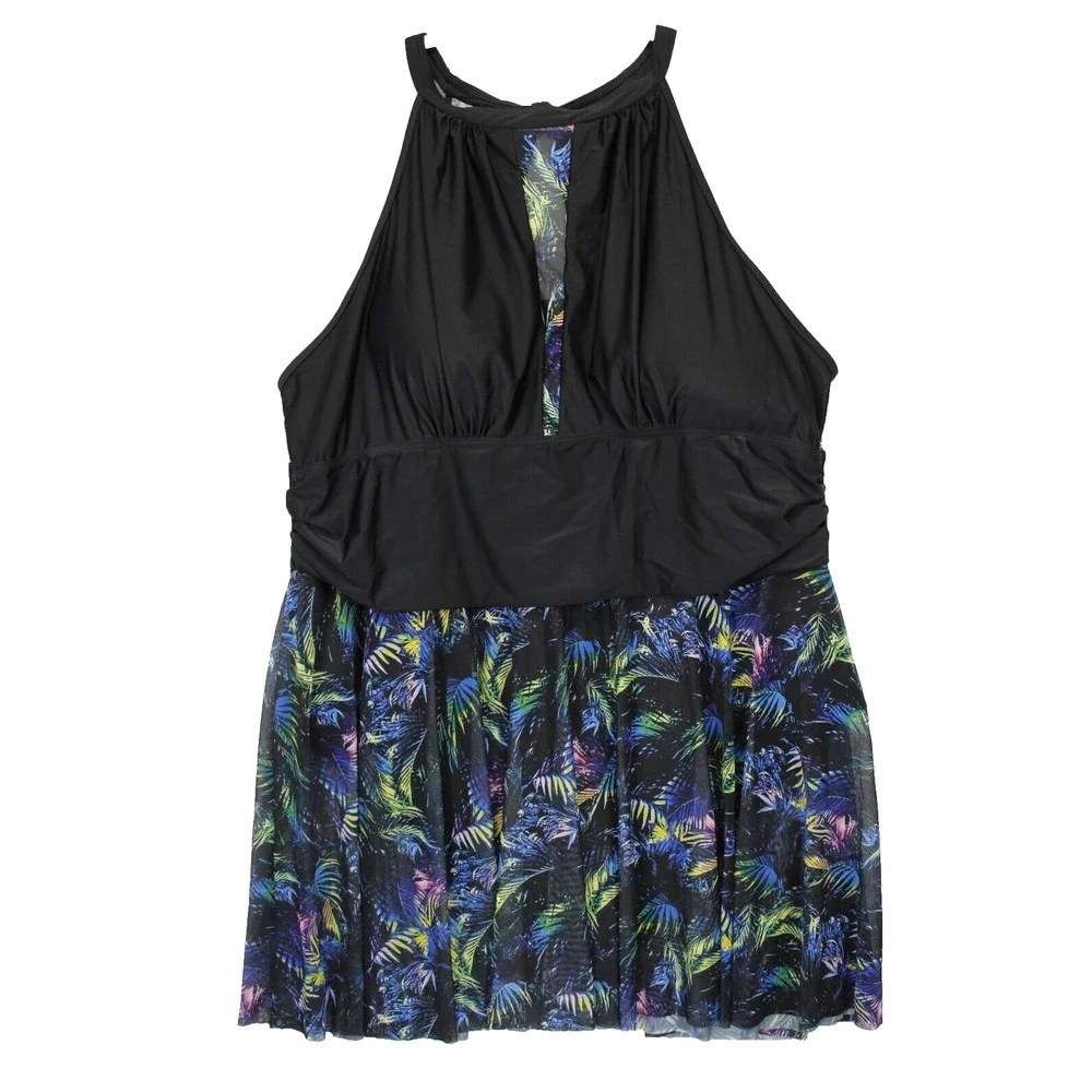Bloomchic Swim Dress Halter Sheer Skirt‎ Women 28 Black Floral Swimwear
